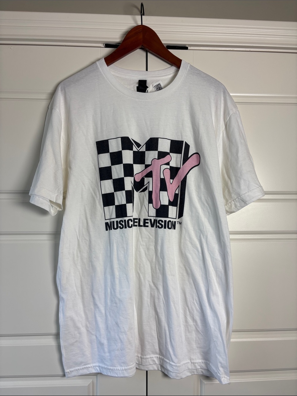 Gildan White MTV Checkerboard Logo Tee with Pink Accent